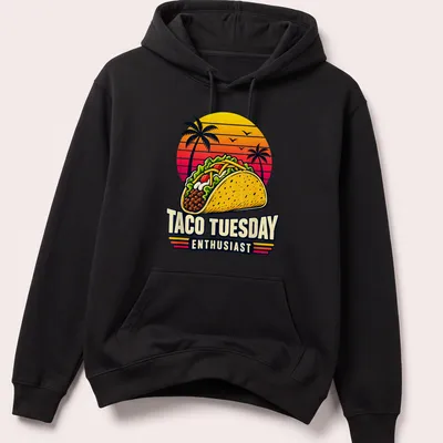 Retro sunset Taco Tuesday Enthusiast t-shirt featuring a cheerful taco illustration — printed on a unisex hoodie