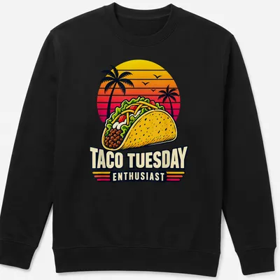 Retro sunset Taco Tuesday Enthusiast t-shirt featuring a cheerful taco illustration — printed on a unisex sweatshirt