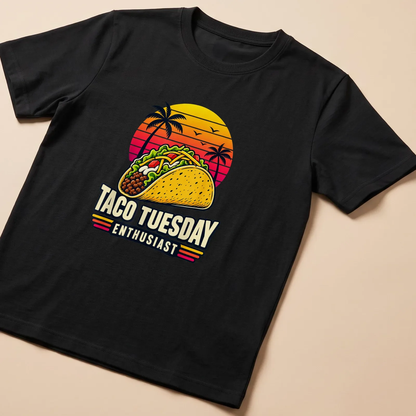 Retro sunset Taco Tuesday Enthusiast t-shirt featuring a cheerful taco illustration — printed on a unisex t-shirt