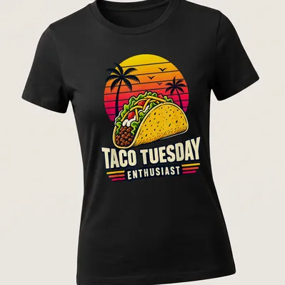 Retro sunset Taco Tuesday Enthusiast t-shirt featuring a cheerful taco illustration — printed on a women's shirt