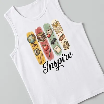 Illustrative Teacher T-shirt with the word Inspire and classroom items in bright colors — printed on a tank top