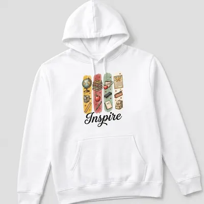 Illustrative Teacher T-shirt with the word Inspire and classroom items in bright colors — printed on a unisex hoodie