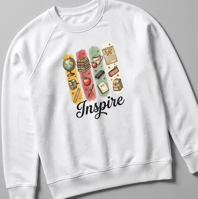 Illustrative Teacher T-shirt with the word Inspire and classroom items in bright colors — printed on a unisex sweatshirt