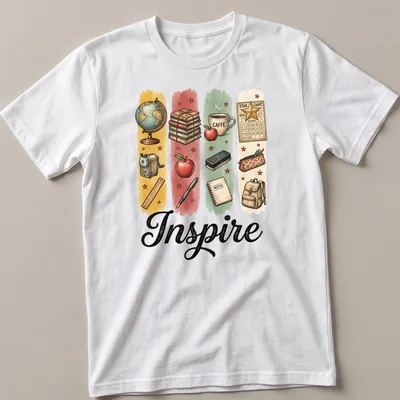 Illustrative Teacher T-shirt with the word Inspire and classroom items in bright colors