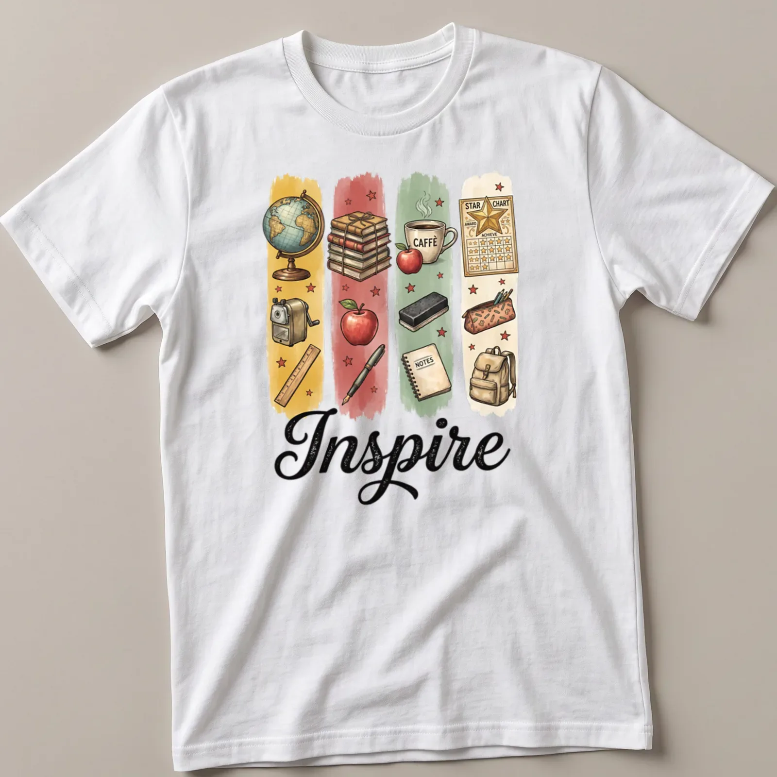 Illustrative Teacher T-shirt with the word Inspire and classroom items in bright colors — printed on a unisex t-shirt