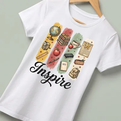 Illustrative Teacher T-shirt with the word Inspire and classroom items in bright colors — printed on a women's shirt