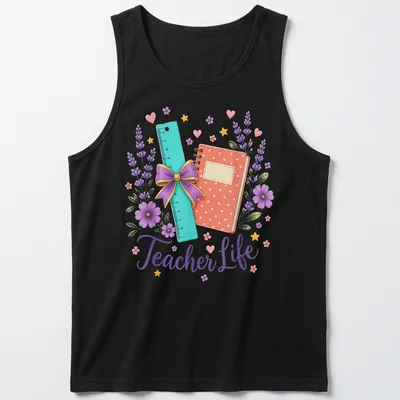 Whimsical watercolor design of school supplies with floral elements and 'Teacher Life' text. — printed on a tank top