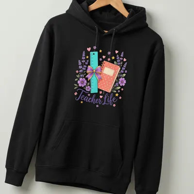 Whimsical watercolor design of school supplies with floral elements and 'Teacher Life' text. — printed on a unisex hoodie