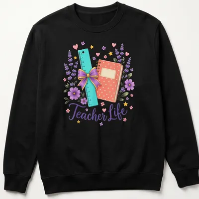 Whimsical watercolor design of school supplies with floral elements and 'Teacher Life' text. — printed on a unisex sweatshirt