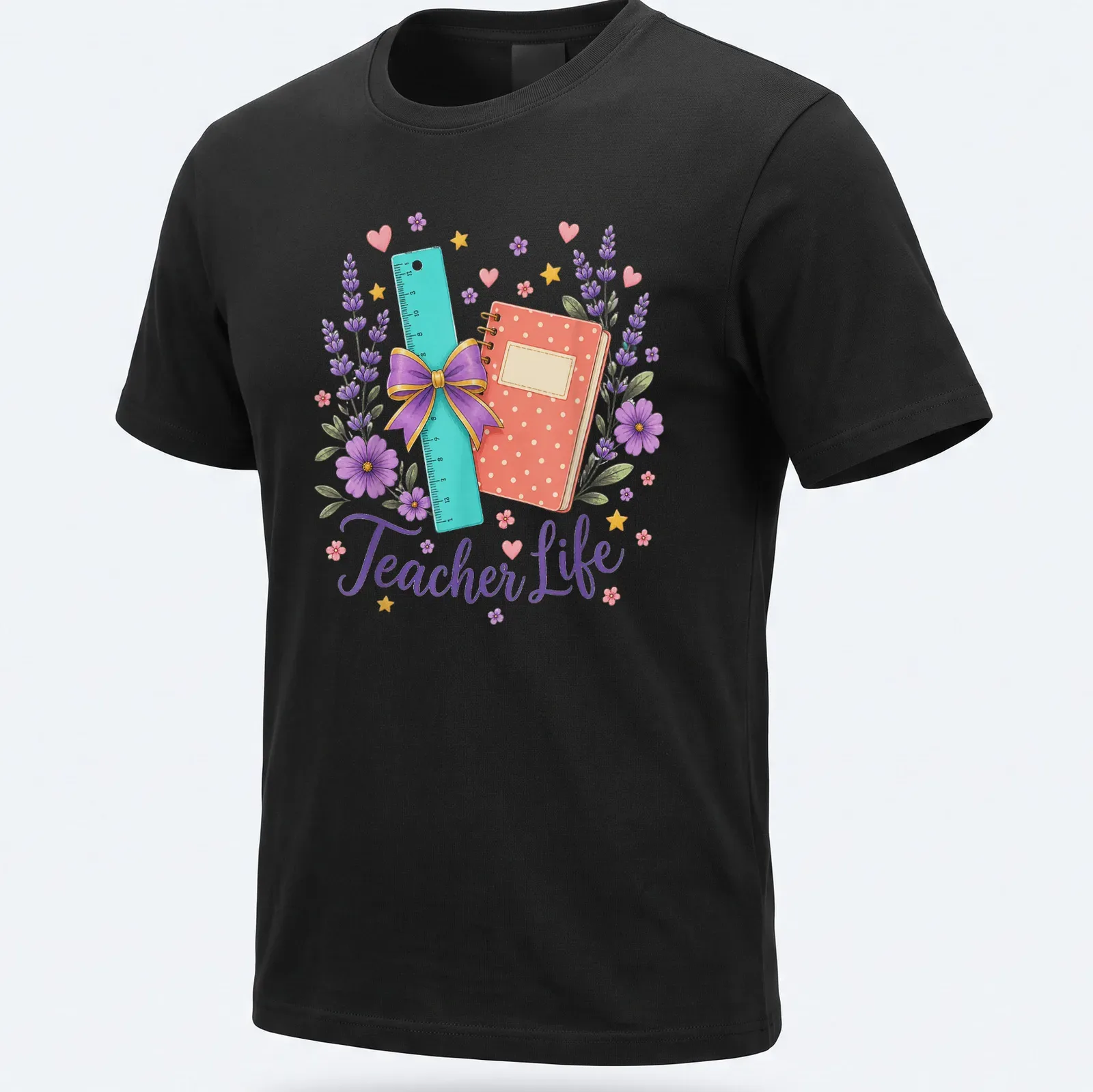 Whimsical watercolor design of school supplies with floral elements and 'Teacher Life' text. — printed on a unisex t-shirt