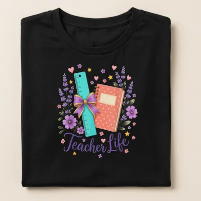 Whimsical watercolor design of school supplies with floral elements and 'Teacher Life' text. — printed on a women's shirt