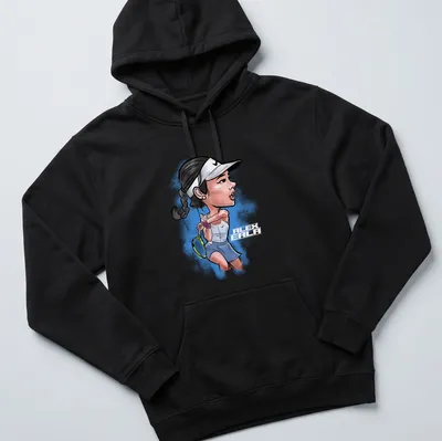 Cartoon illustration of tennis player Alba Eala in action on a — printed on a unisex hoodie