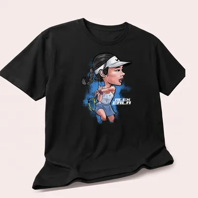 Cartoon illustration of tennis player Alba Eala in action on a — printed on a unisex t-shirt (angled view)