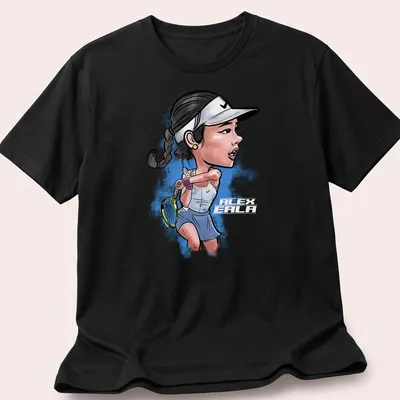 Cartoon illustration of tennis player Alba Eala in action on a T-shirt
