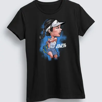 Cartoon illustration of tennis player Alba Eala in action on a — printed on a women's shirt