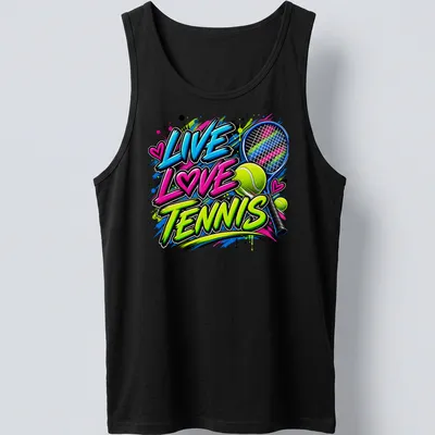 Colorful graffiti design featuring tennis racket and balls with the text Live Love Tennis — printed on a tank top