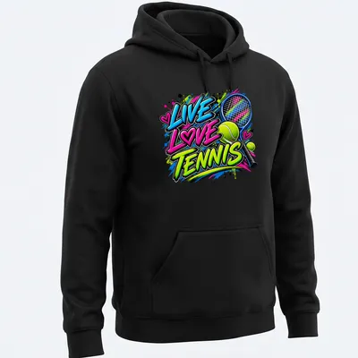 Colorful graffiti design featuring tennis racket and balls with the text Live Love Tennis — printed on a unisex hoodie