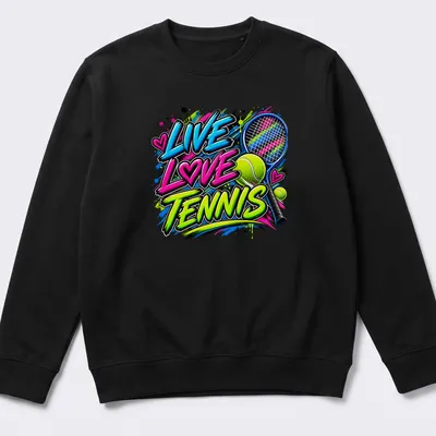 Colorful graffiti design featuring tennis racket and balls with the text Live Love Tennis — printed on a unisex sweatshirt