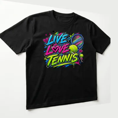 Colorful graffiti design featuring tennis racket and balls with the text Live Love Tennis — printed on a unisex t-shirt (angled view)