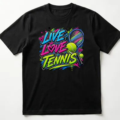 Colorful graffiti design featuring tennis racket and balls with the text Live Love Tennis