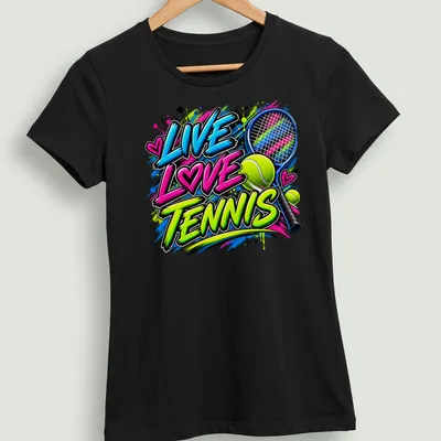 Colorful graffiti design featuring tennis racket and balls with the text Live Love Tennis — printed on a women's shirt