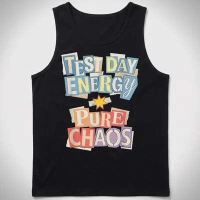 Colorful ransom note-style T-shirt with chaotic test day energy text. — printed on a tank top
