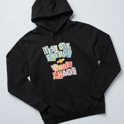 Colorful ransom note-style T-shirt with chaotic test day energy text. — printed on a unisex hoodie