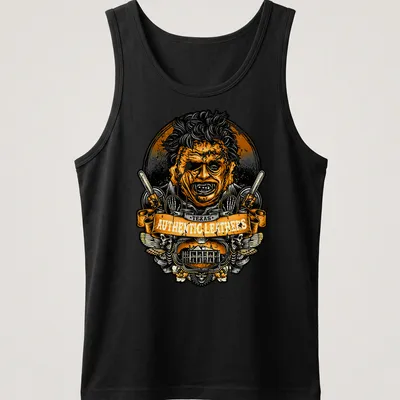 Vintage badge-style Texas Authentic Leathers Chainsaw Slasher — printed on a tank top