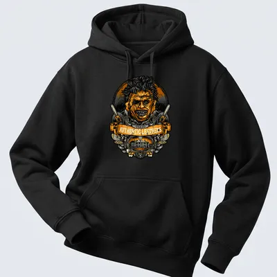 Vintage badge-style Texas Authentic Leathers Chainsaw Slasher — printed on a unisex hoodie