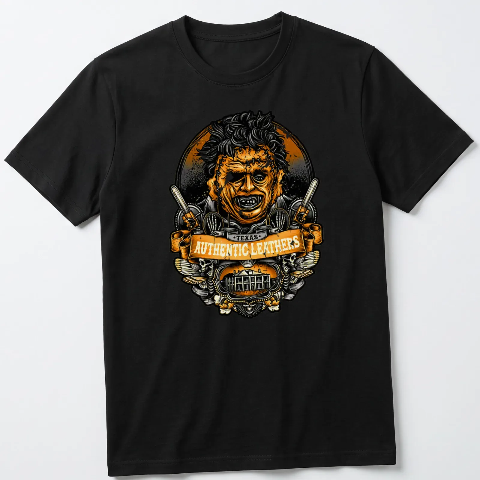 Vintage badge-style Texas Authentic Leathers Chainsaw Slasher — printed on a unisex t-shirt