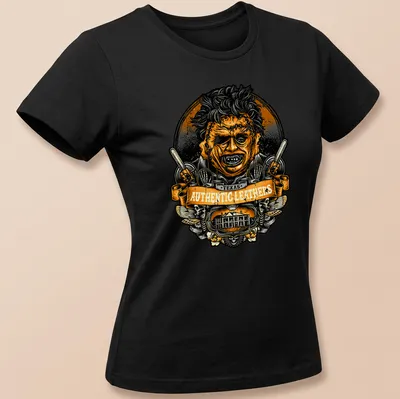 Vintage badge-style Texas Authentic Leathers Chainsaw Slasher — printed on a women's shirt