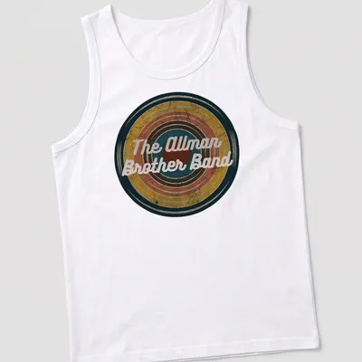 Vintage Allman Brother Band t-shirt featuring colorful text in a retro style — printed on a tank top