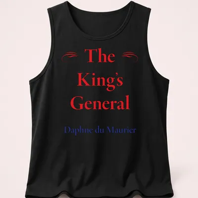 T-shirt featuring classic serif text of The King's General by Daphne du Maurier in red, blue, and white. — printed on a tank top