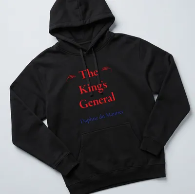 T-shirt featuring classic serif text of The King's General by Daphne du Maurier in red, blue, and white. — printed on a unisex hoodie