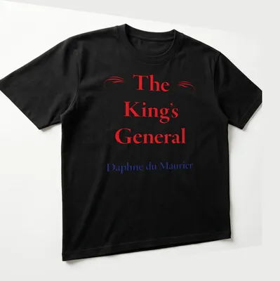 T-shirt featuring classic serif text of The King's General by Daphne du Maurier in red, blue, and white. — printed on a unisex t-shirt (angled view)
