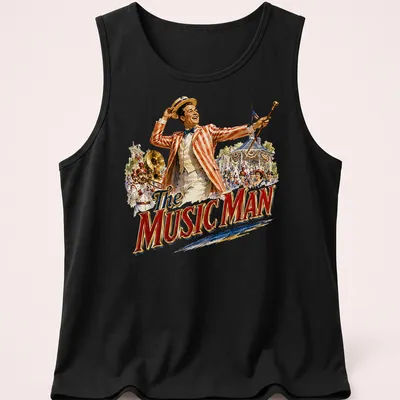 Vintage Music Man t-shirt featuring a musical character in classic colors — printed on a tank top