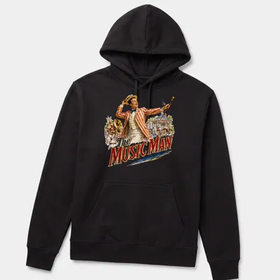 Vintage Music Man t-shirt featuring a musical character in classic colors — printed on a unisex hoodie
