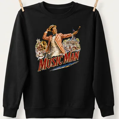 Vintage Music Man t-shirt featuring a musical character in classic colors — printed on a unisex sweatshirt