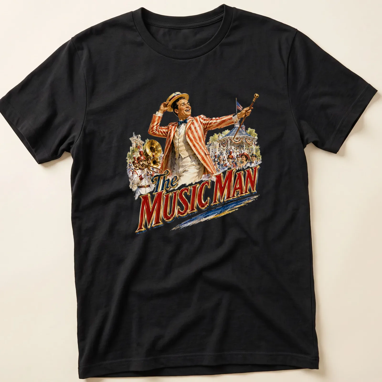 Vintage Music Man t-shirt featuring a musical character in classic colors — printed on a unisex t-shirt