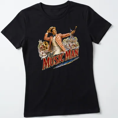 Vintage Music Man t-shirt featuring a musical character in classic colors — printed on a women's shirt