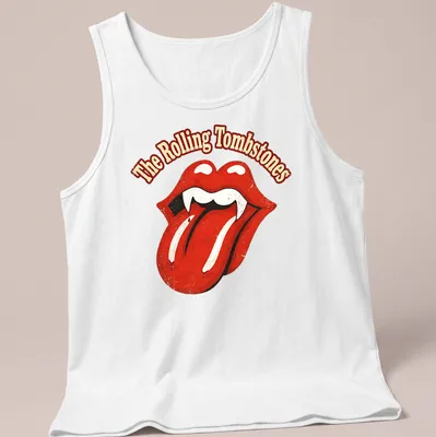 Distressed retro t-shirt featuring vampire lips and the text The Rolling Tombstones — printed on a tank top