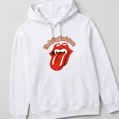 Distressed retro t-shirt featuring vampire lips and the text The Rolling Tombstones — printed on a unisex hoodie