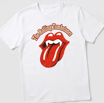 Distressed retro t-shirt featuring vampire lips and the text The Rolling Tombstones