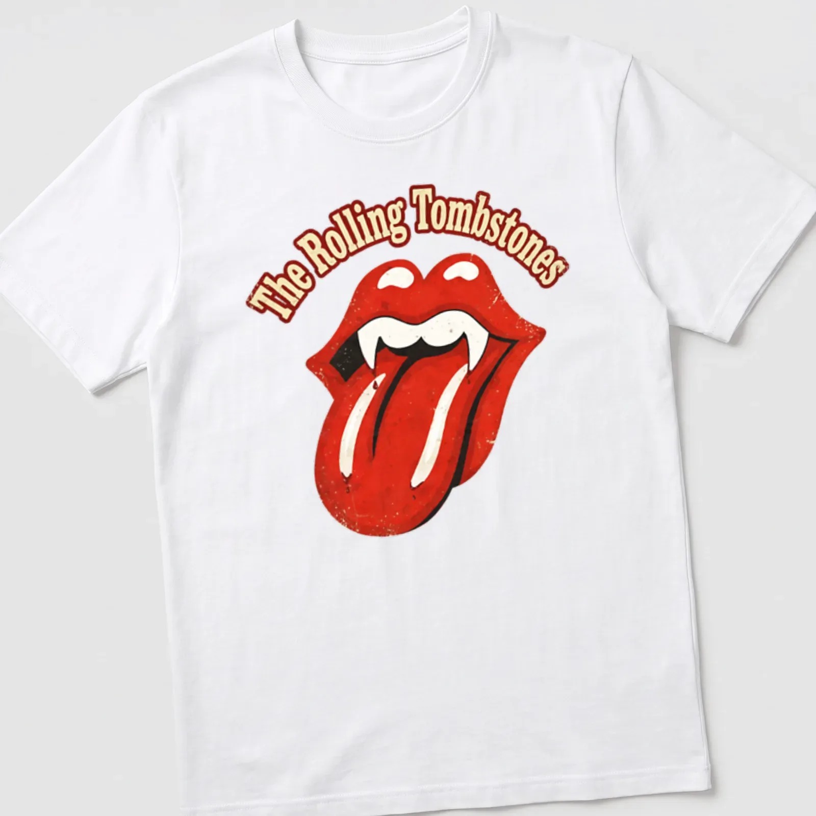 Distressed retro t-shirt featuring vampire lips and the text The Rolling Tombstones — printed on a unisex t-shirt