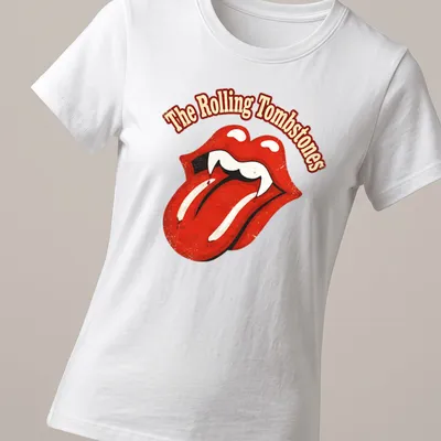 Distressed retro t-shirt featuring vampire lips and the text The Rolling Tombstones — printed on a women's shirt
