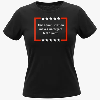 Red and white t-shirt featuring bold text of a political commentary — printed on a women's shirt
