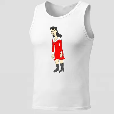 Cartoon print of Tillie The Toiler in a red dress with black and white details — printed on a tank top