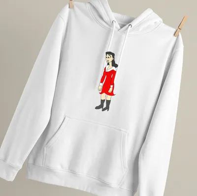Cartoon print of Tillie The Toiler in a red dress with black and white details — printed on a unisex hoodie