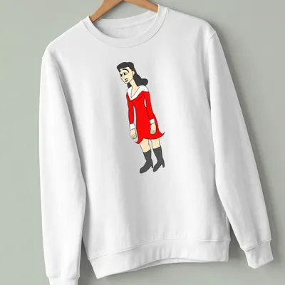Cartoon print of Tillie The Toiler in a red dress with black and white details — printed on a unisex sweatshirt