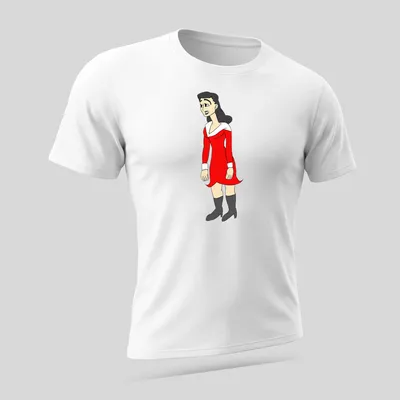 Cartoon print of Tillie The Toiler in a red dress with black and white details — printed on a unisex t-shirt (angled view)